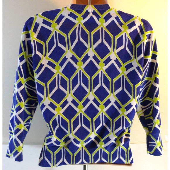 Crown & Ivy Blue Lime Green Geometric Cotton Blend Cardigan Sweater size SMALL - Picture 3 of 6